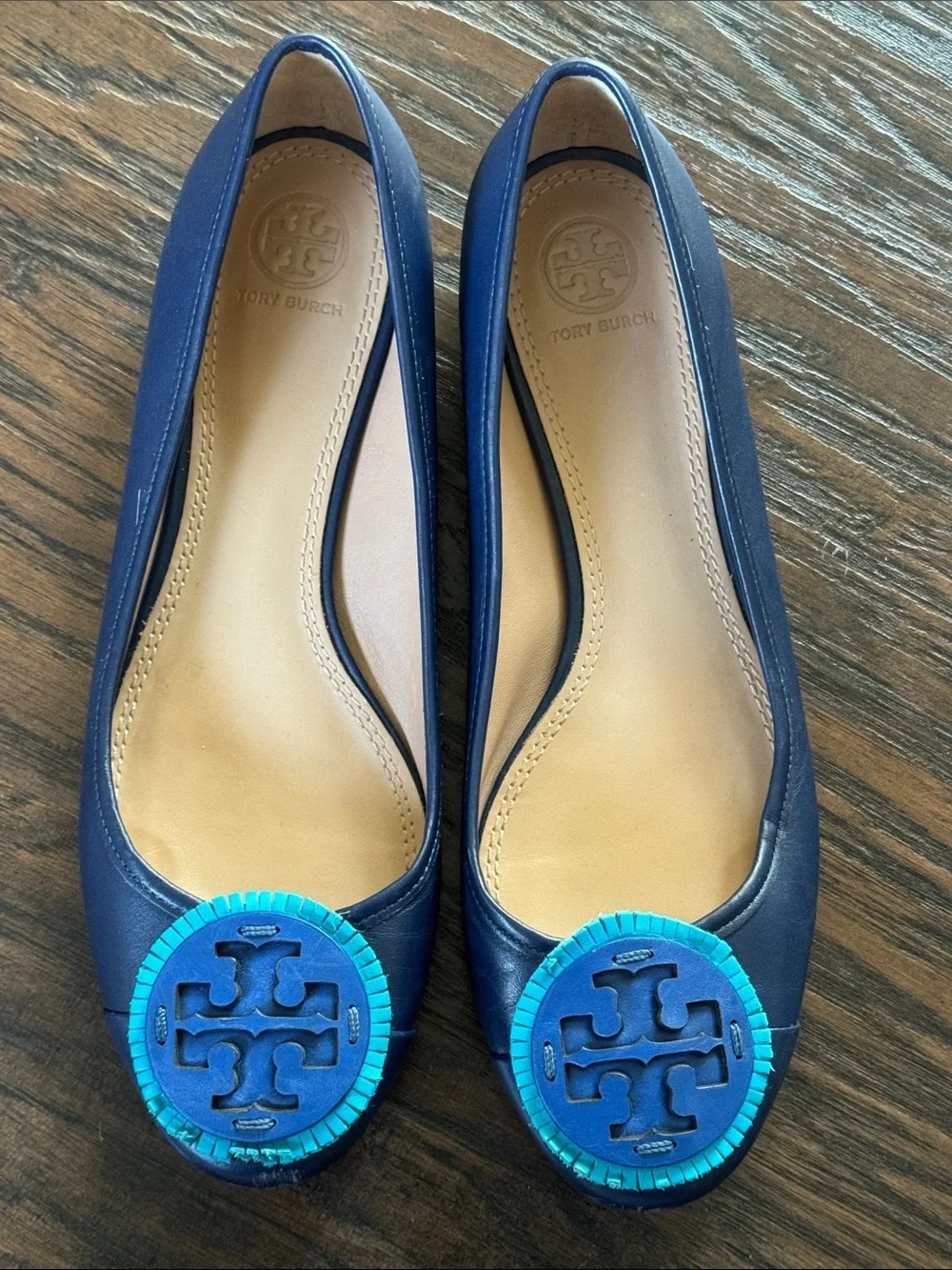 Tory Burch Navy Leather Ballet Flats with Turquoise Logo